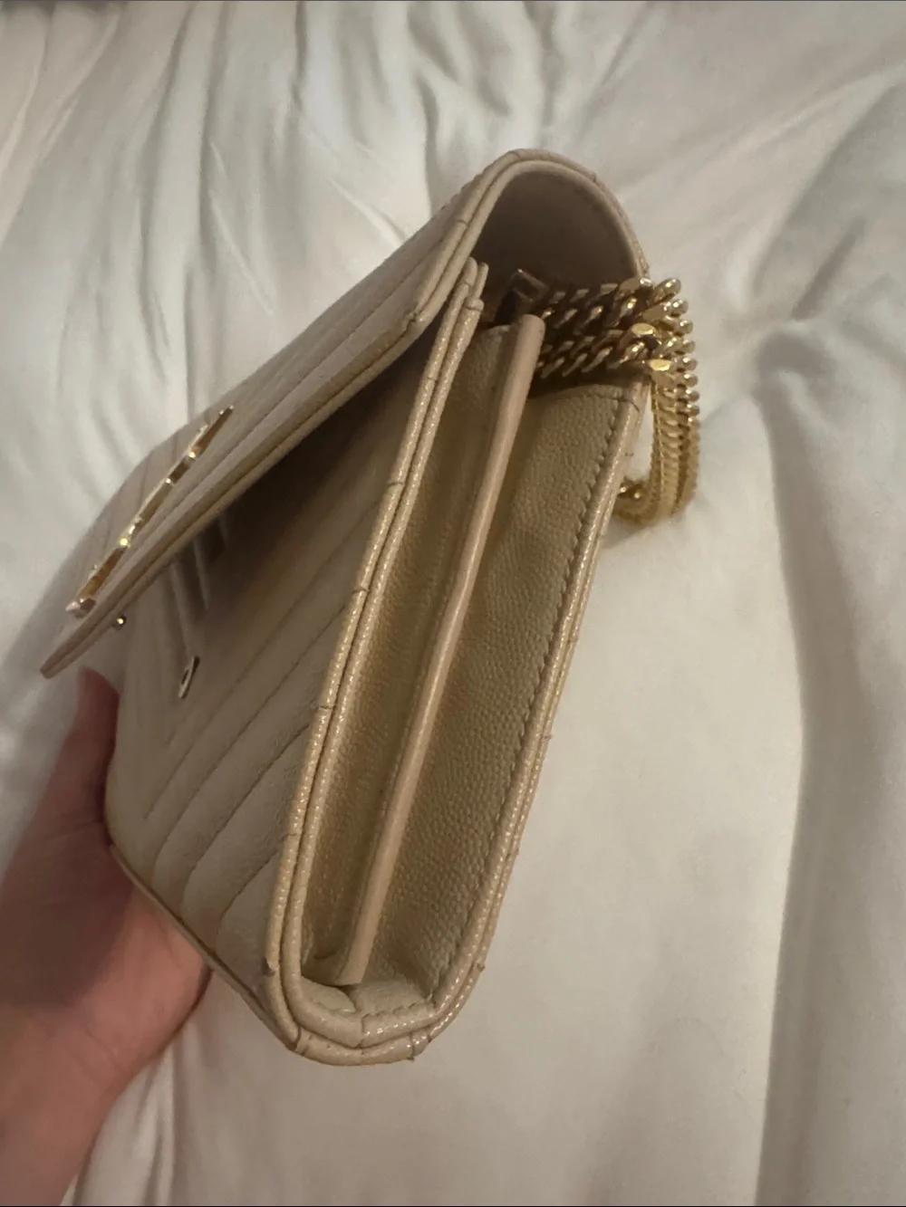 Saint Laurent Tan Quilted Leather Envelope Clutch with Gold YSL Logo